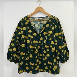 Sonoma Corduroy Floral Green Yellow Wide Sleeve Top 2X Cotton